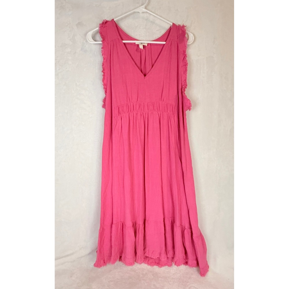 Umgee Hot Pink Linen Blend Sleeveless Babydoll Dress‎ Frayed Trim M